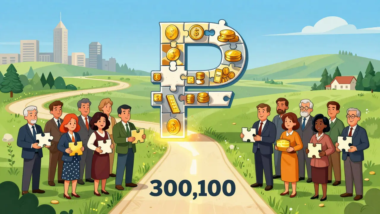 Группа людей собирает пазл в виде роста рубля, символизируя диверсификацию инвестиций в стиле плаката.