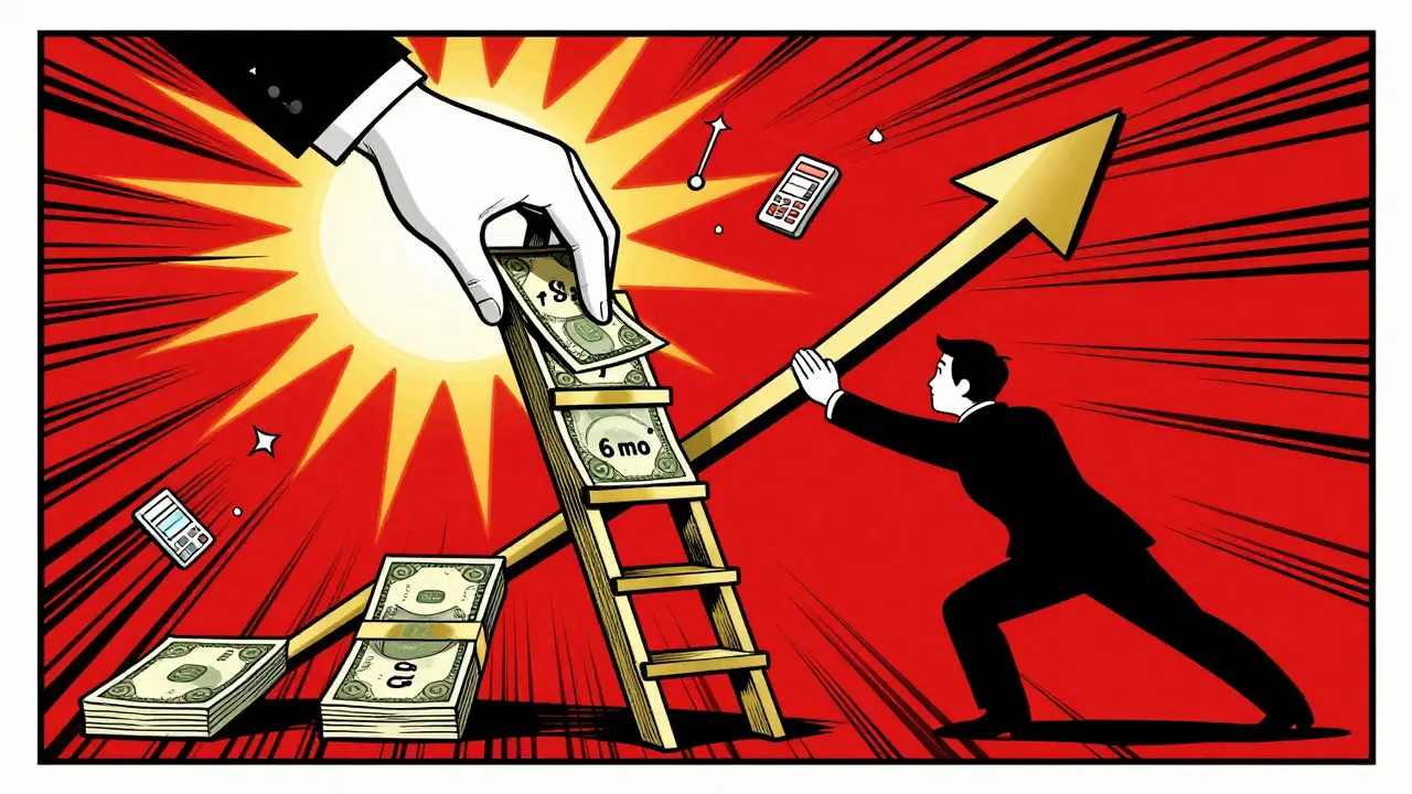 Лестница вкладов с разными сроками, ведущая к росту дохода, против одного долгосрочного вклада.