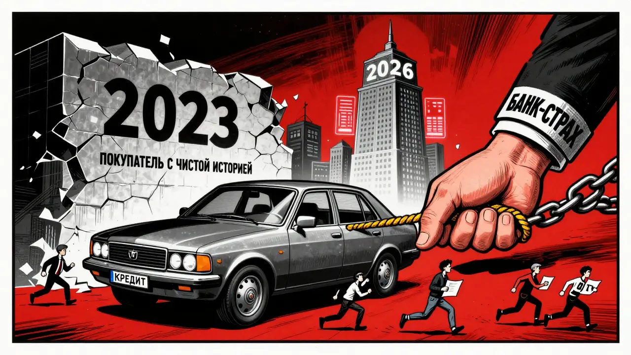 Машина тянется между добросовестным покупателем и страхующим банком, фон — эволюция 2023–2026