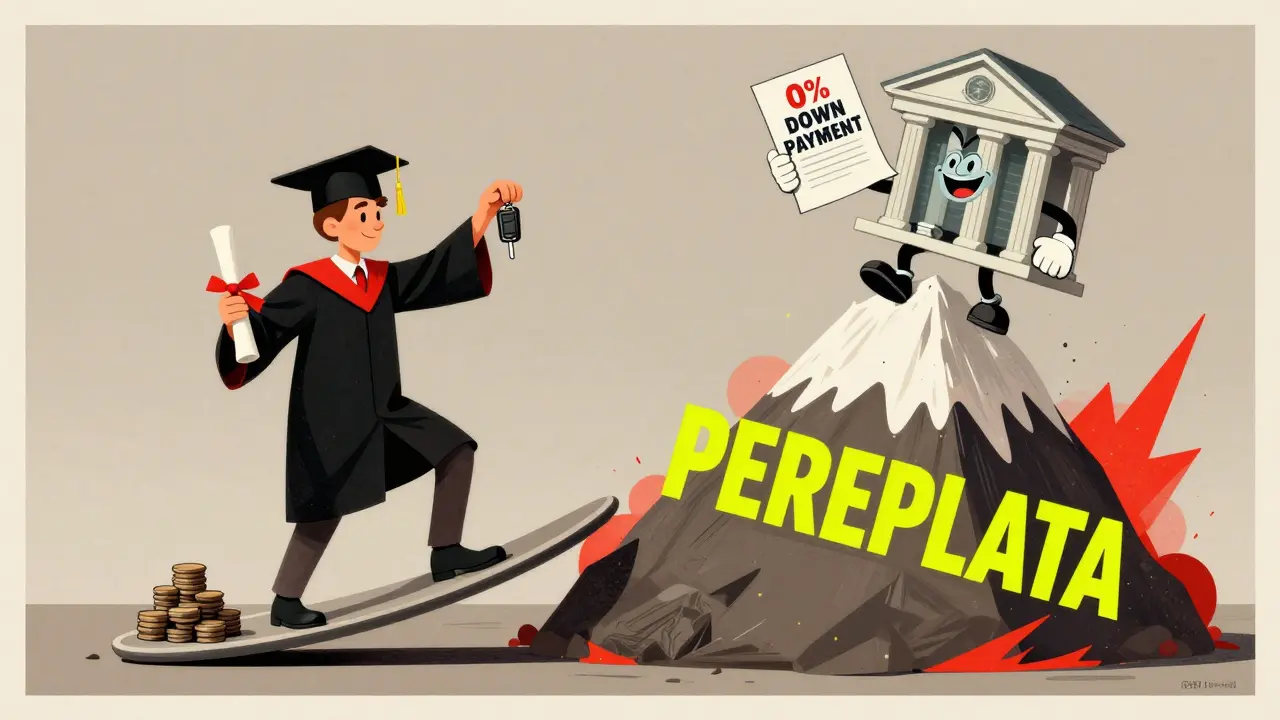 Молодой специалист на весах: одна чаша — сбережения, другая — долг, над ним — банк с договором.