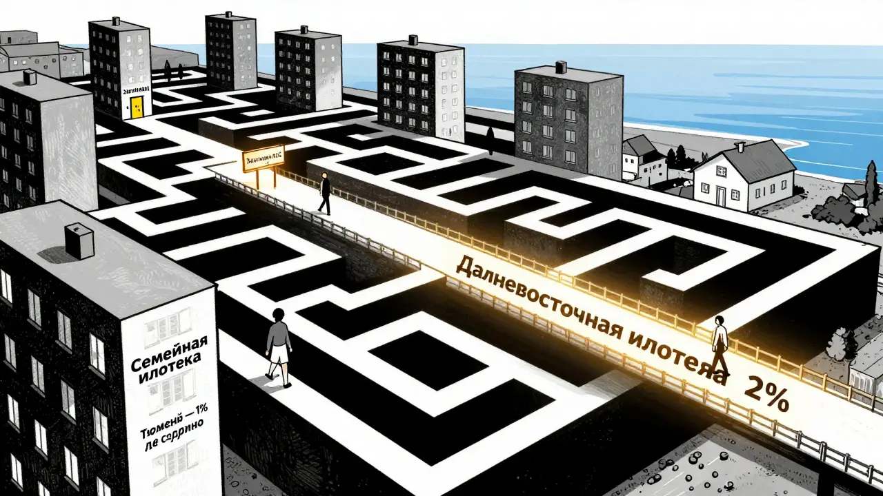 Пара идёт по лабиринту жилых домов с путями к разным ипотечным программам.