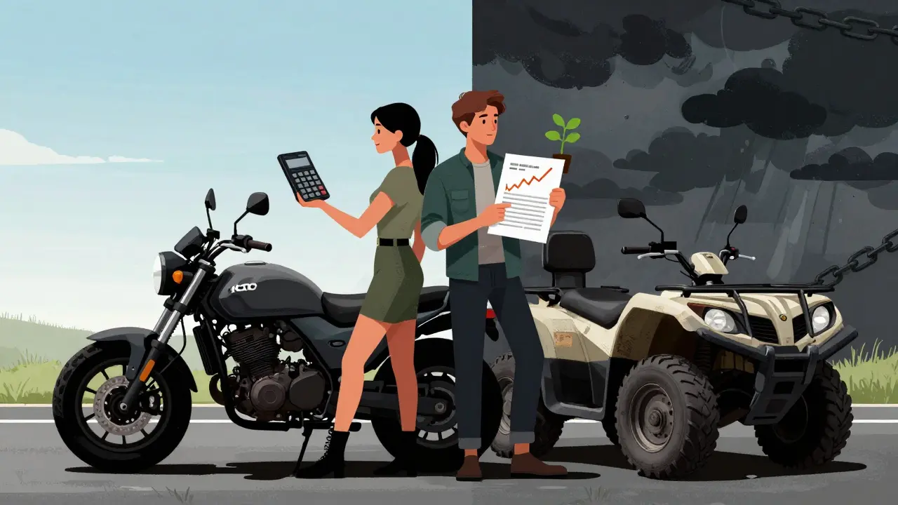 Пара выбирает между новым мотоциклом и подержанным квадроциклом, на фоне светлого и тёмного миров в стиле польского плаката.