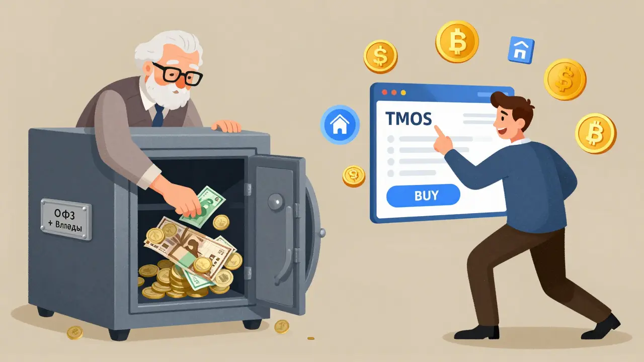 Пенсионер и молодой инвестор по разные стороны от финансовых инструментов, стилизованно изображённые в плакатном стиле.