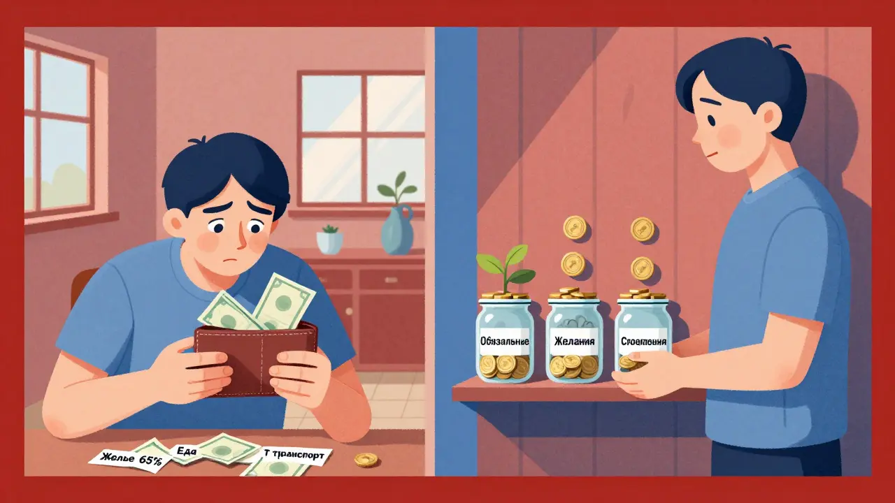 Разделённая комната: слева — хаос расходов, справа — три банки с деньгами, обозначенные как обязательные, желания, сбережения.