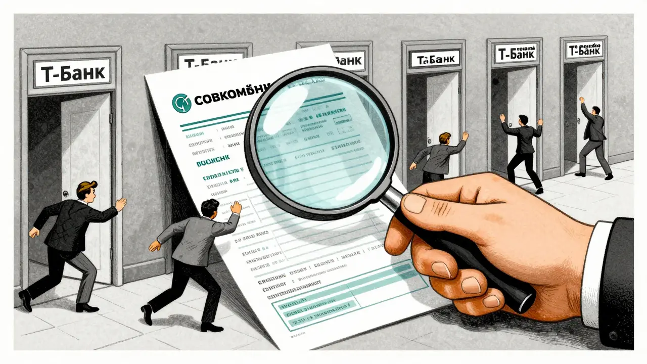 Рука банка рассматривает кредитную историю, люди убегают к разным банкам.