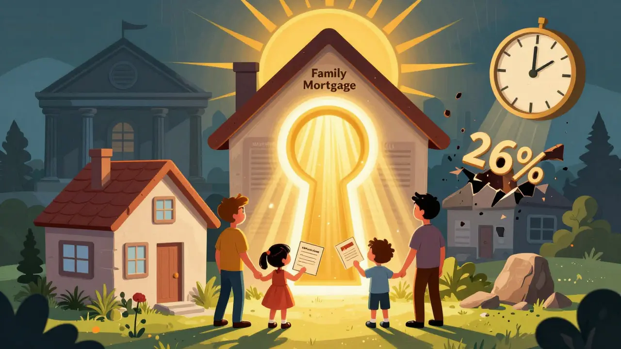 Семья стоит у дома, из которого выходит свет с надписью 'Семейная ипотека 6%', старый банк рушится за ними.