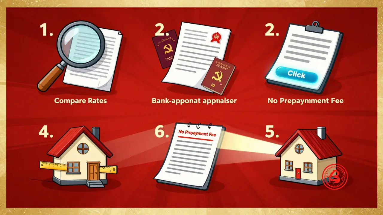 Семь шагов рефинансирования в виде иллюстрированных символов, парящих в воздухе, с элементами советского плакатного стиля.