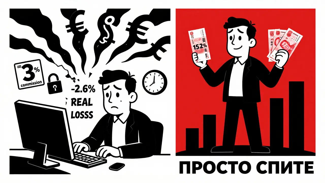 Слева — тревожный взгляд на убытки валюты, справа — спокойный человек с рублевым вкладом и юанем.