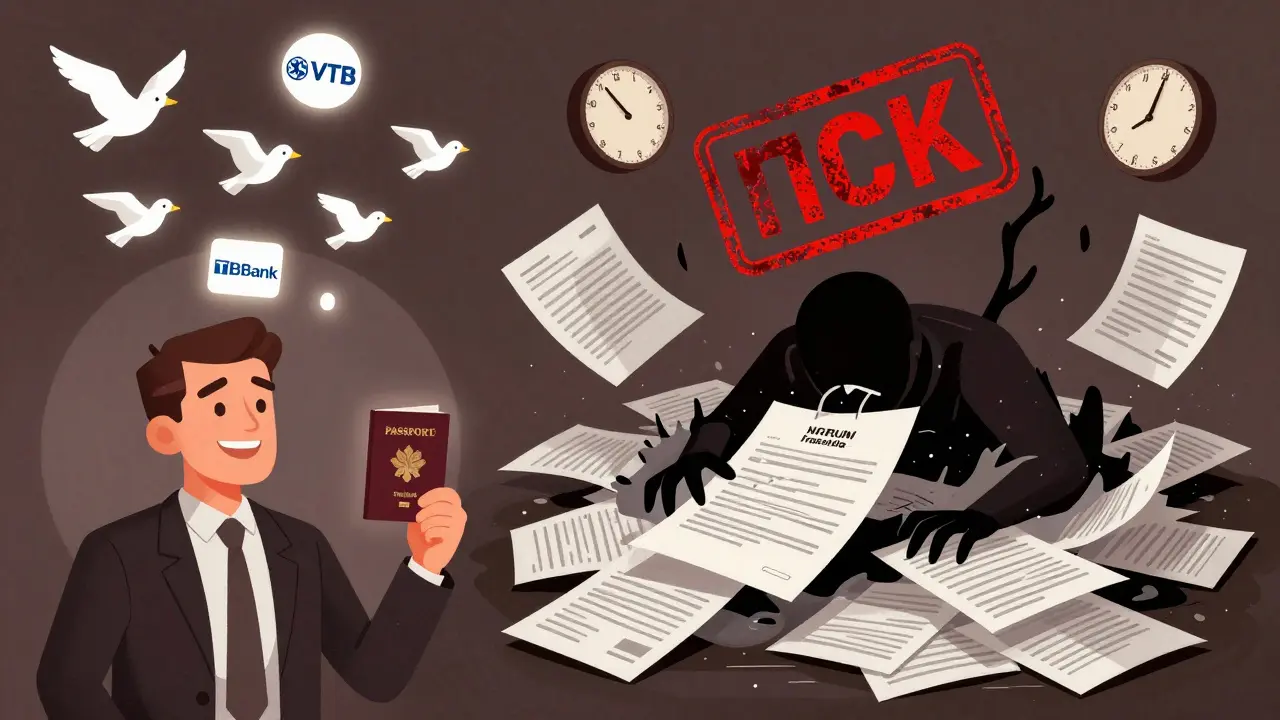 Сравнение: счастливый клиент с паспортом и человек, задавленный кредитными документами, в стиле польского плаката.