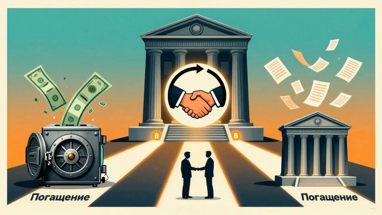 Три пути продажи ипотечной квартиры: погашение, один банк, два банка — стилизованные символы в ярких цветах.