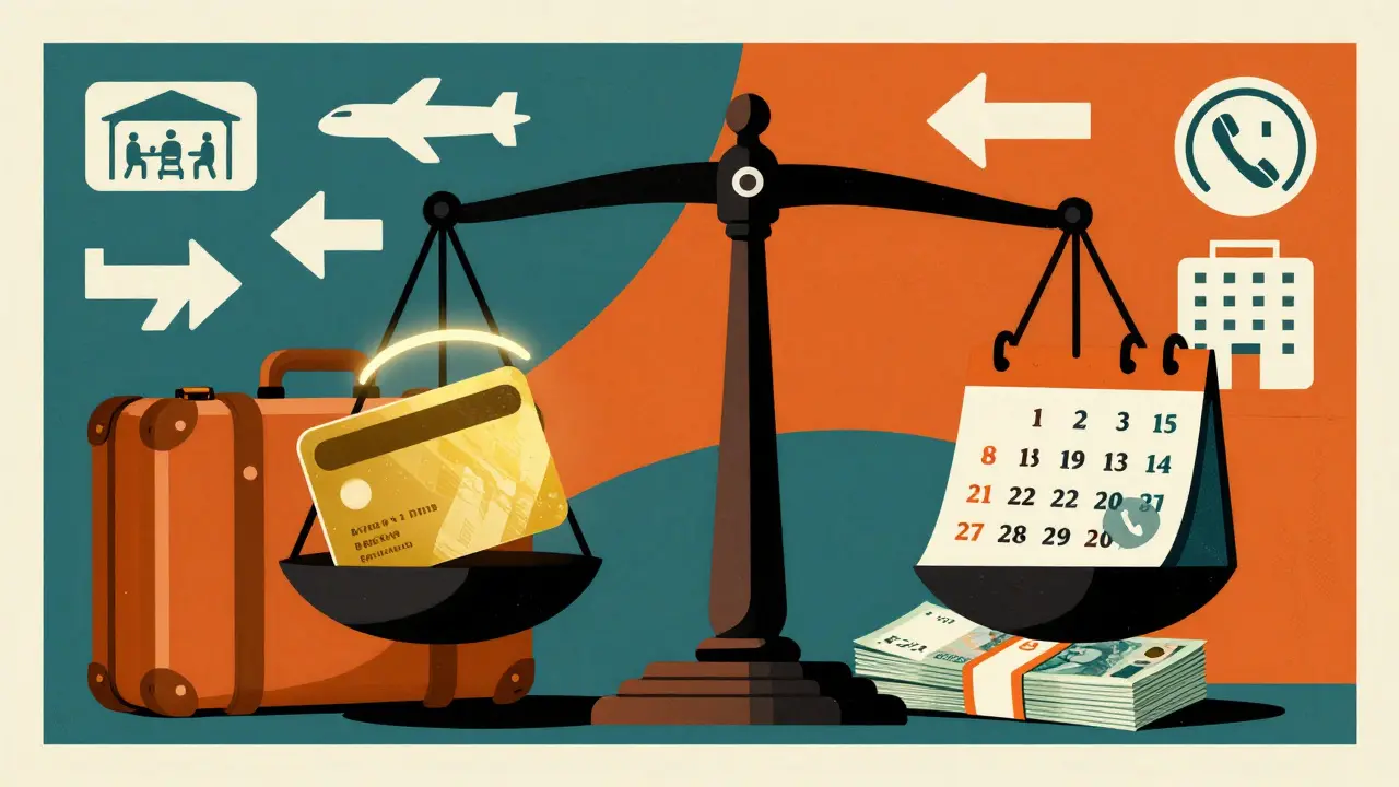 Весы баланса: премиальная карта против расходов — карта перевешивает, символизируя выгоду.