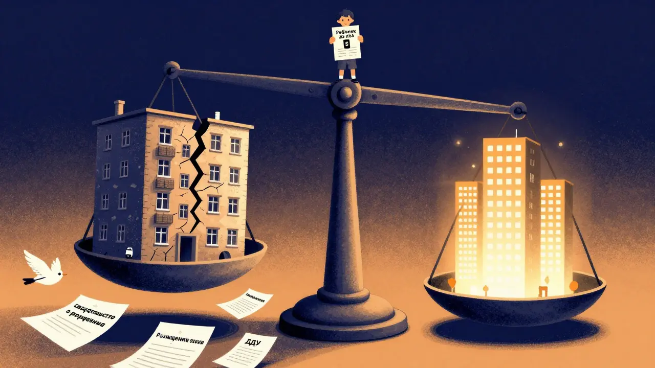 Весы с старой и новой квартирой, над ними ребёнок и летящие документы.