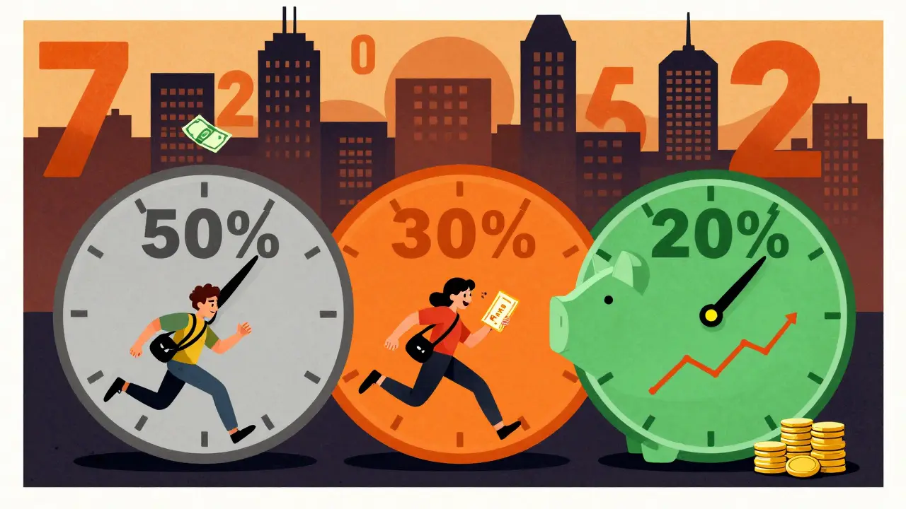 Часы с тремя цветными зонами, показывающими распределение дохода по правилу 50/30/20