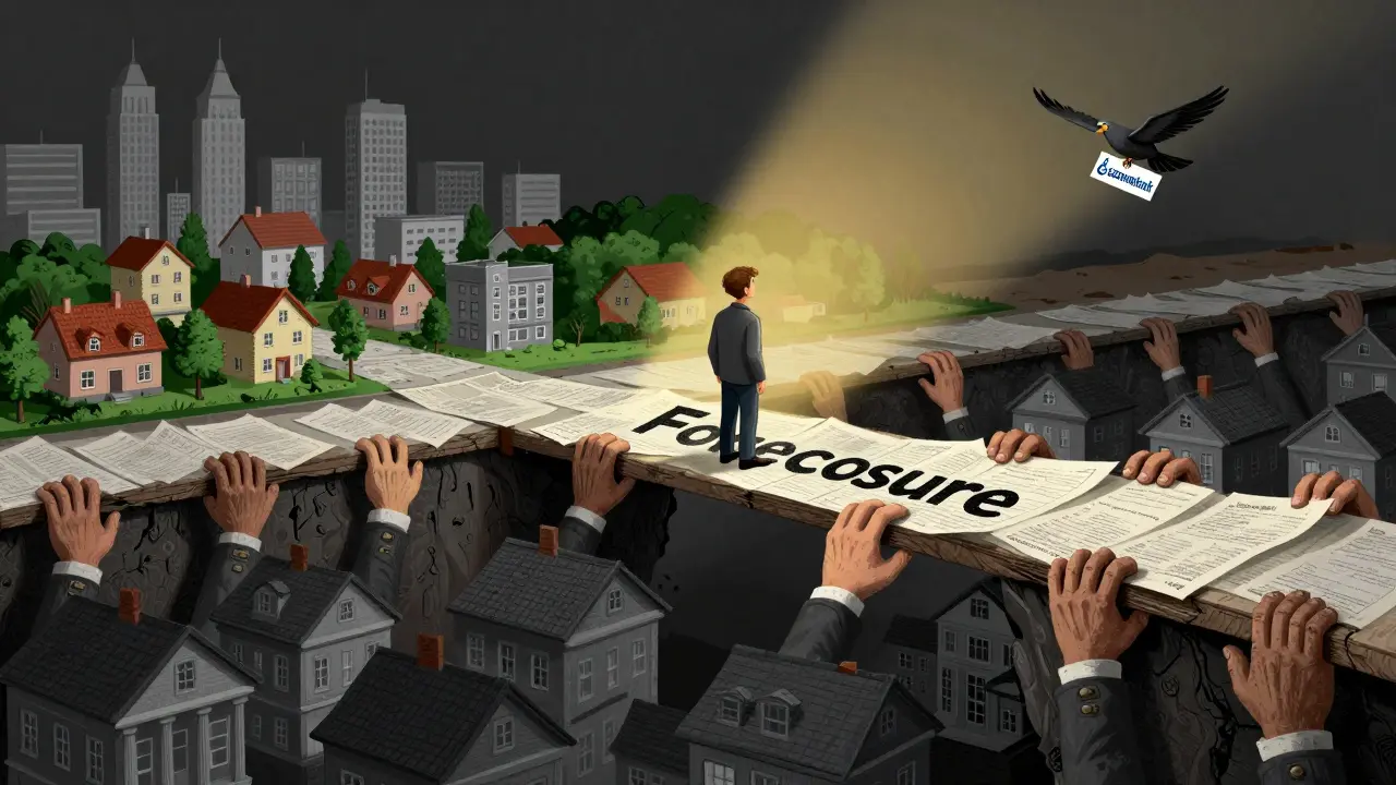 Человек идёт по мосту из документов над пропастью с банками.