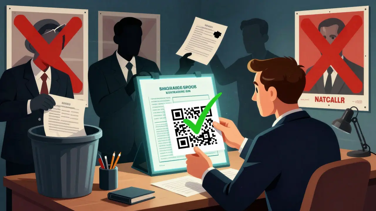 Человек сканирует QR-код ЕГРН, который открывает чистую историю квартиры, в то время как фальшивые документы падают в мусор.