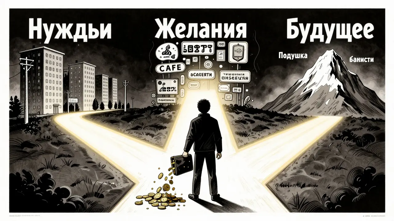 Человек выбирает путь между расходами, развлечениями и будущими сбережениями