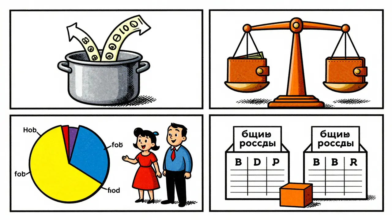 Четыре модели семейного бюджета в виде комикс-панелей с геометричными формами и яркими цветами.