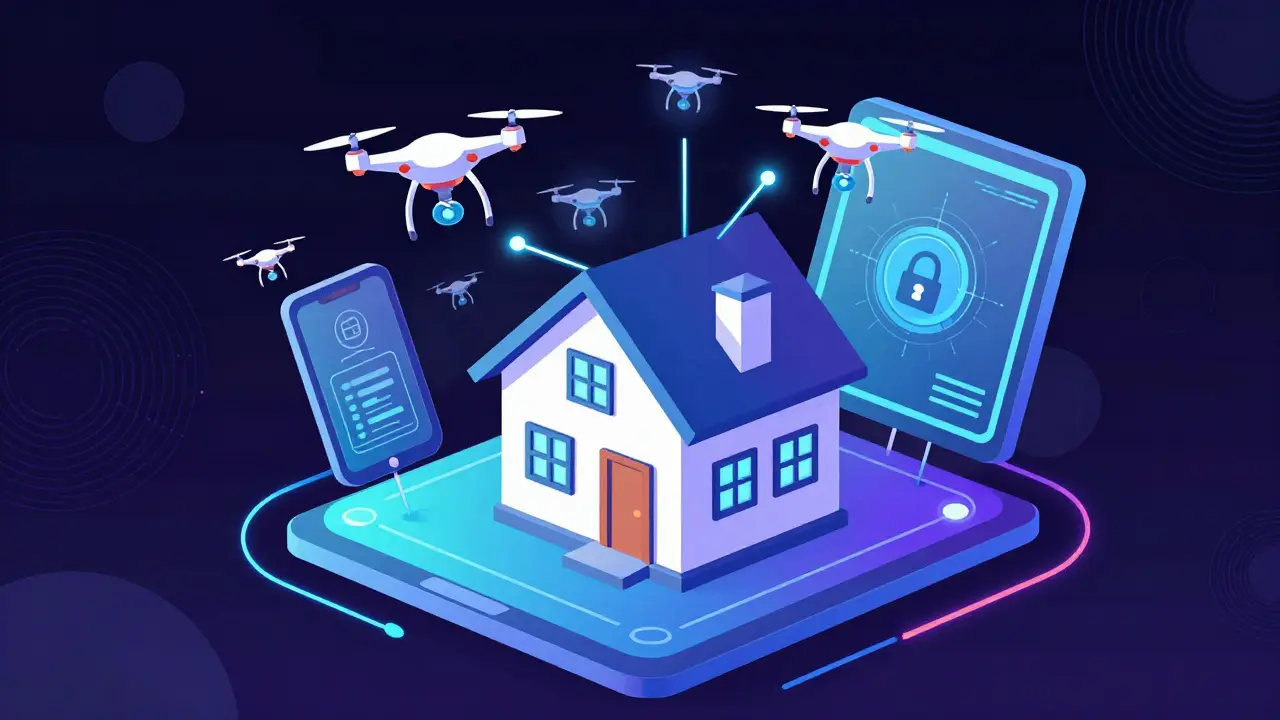 Цифровой интерфейс над домом с дроном и кибер-символами, неоновые цвета