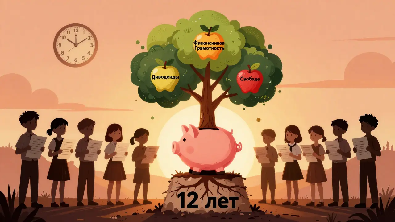 Дерево растёт из копилки, плоды — дивиденды и финансовая грамотность, символ роста с 12 лет.