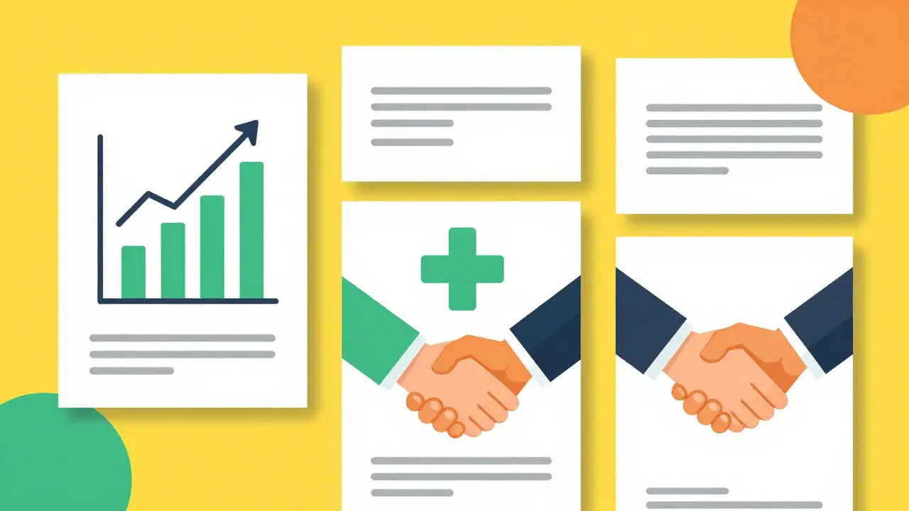 Документы на столе с иконками зарплаты, больничного и увольнения