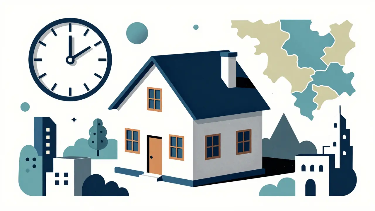 Дом с символами возраста, региона и типа недвижимости в стиле польского плаката