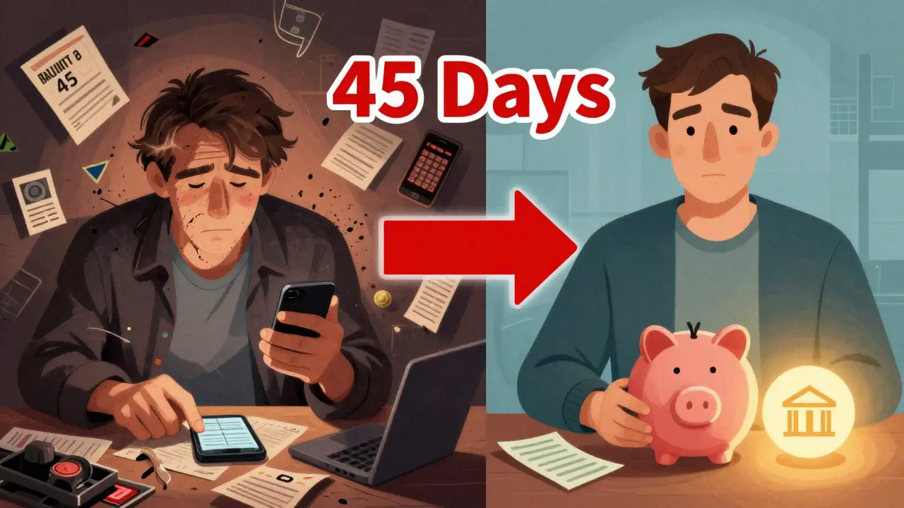 Два образа человека: один в хаосе долгов, другой в спокойствии с накоплениями, разделённые стрелкой времени.