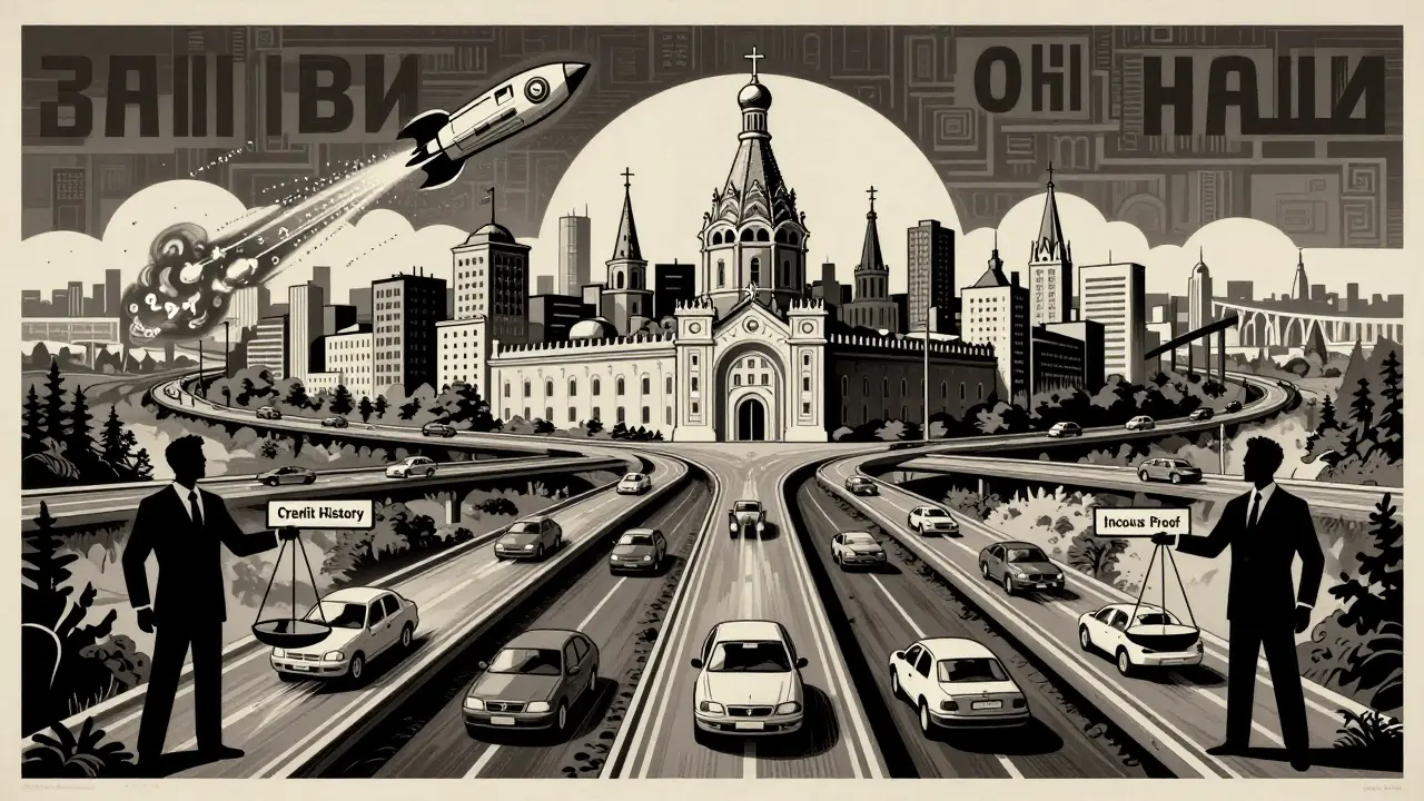 Фантастический пейзаж с автомобилями-ракетами, один из них с меткой '1,9%', над городами — символы кредитной истории и дохода.