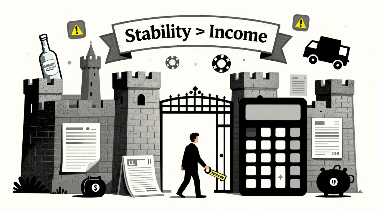 Финансовая крепость охраняется банкиром-калькулятором, заявитель подходит с ключом честности в стиле плаката.