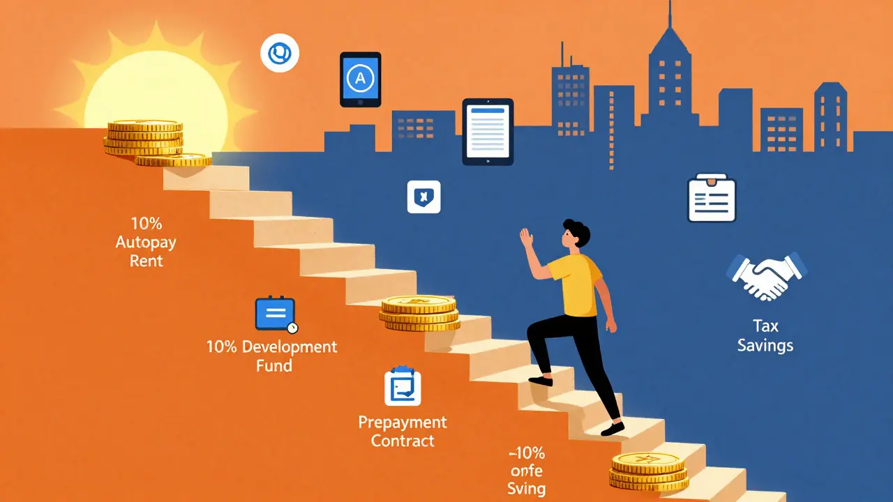 Фрилансер поднимается по лестнице из монет и цифровых инструментов к свету будущего.