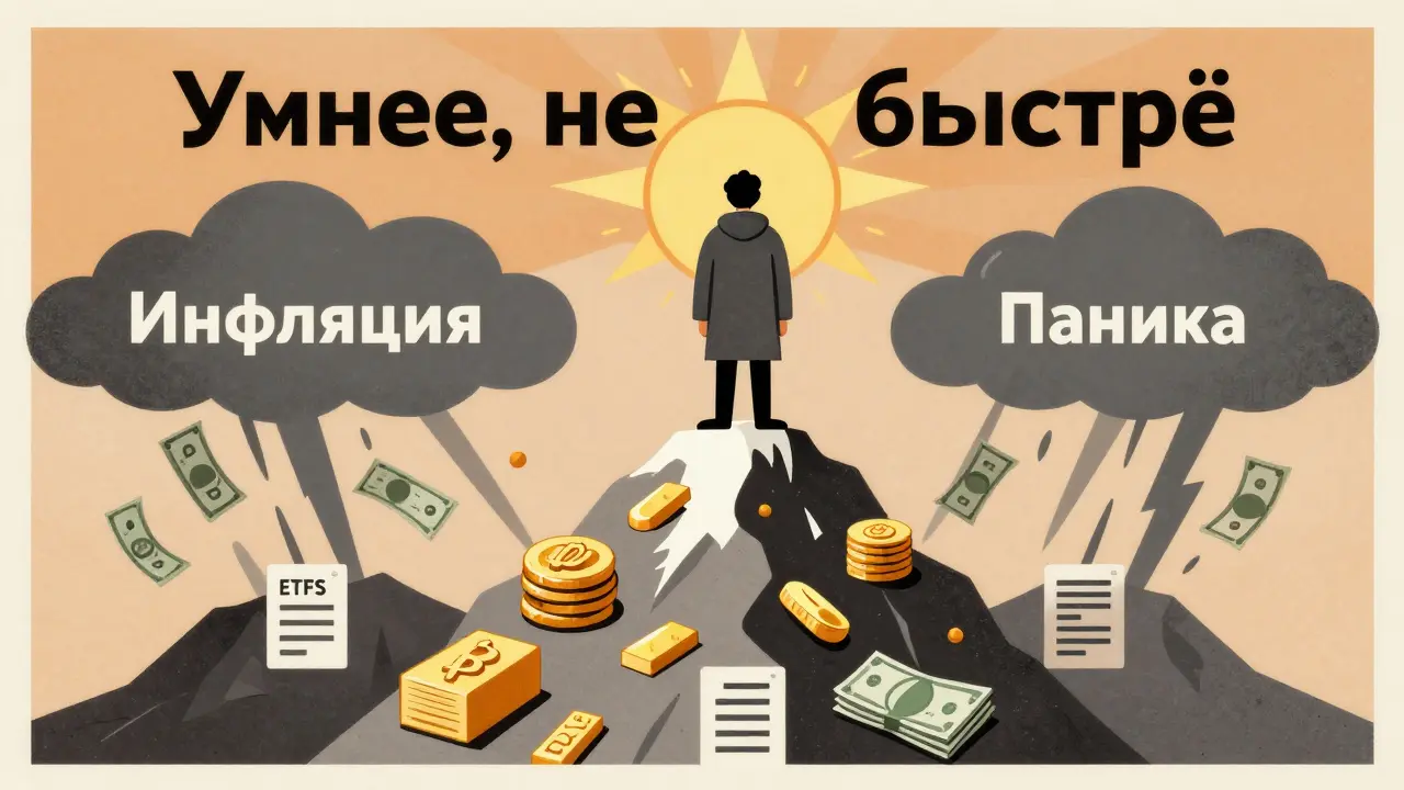 Инвестор стоит на горе стабильных активов, преодолевая бурю инфляции и паники, под солнцем умной стратегии.