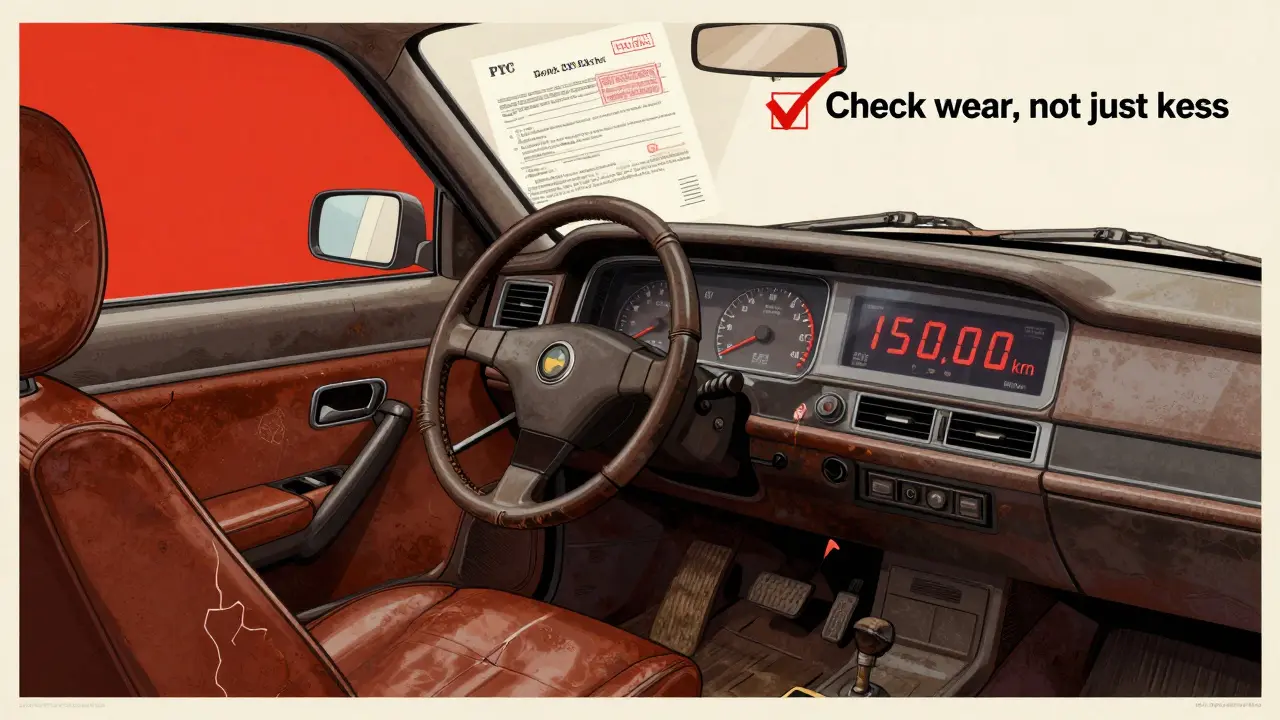 Изношенный салон автомобиля с наложенной цифровой контрольной меткой, скрывающей реальный пробег.