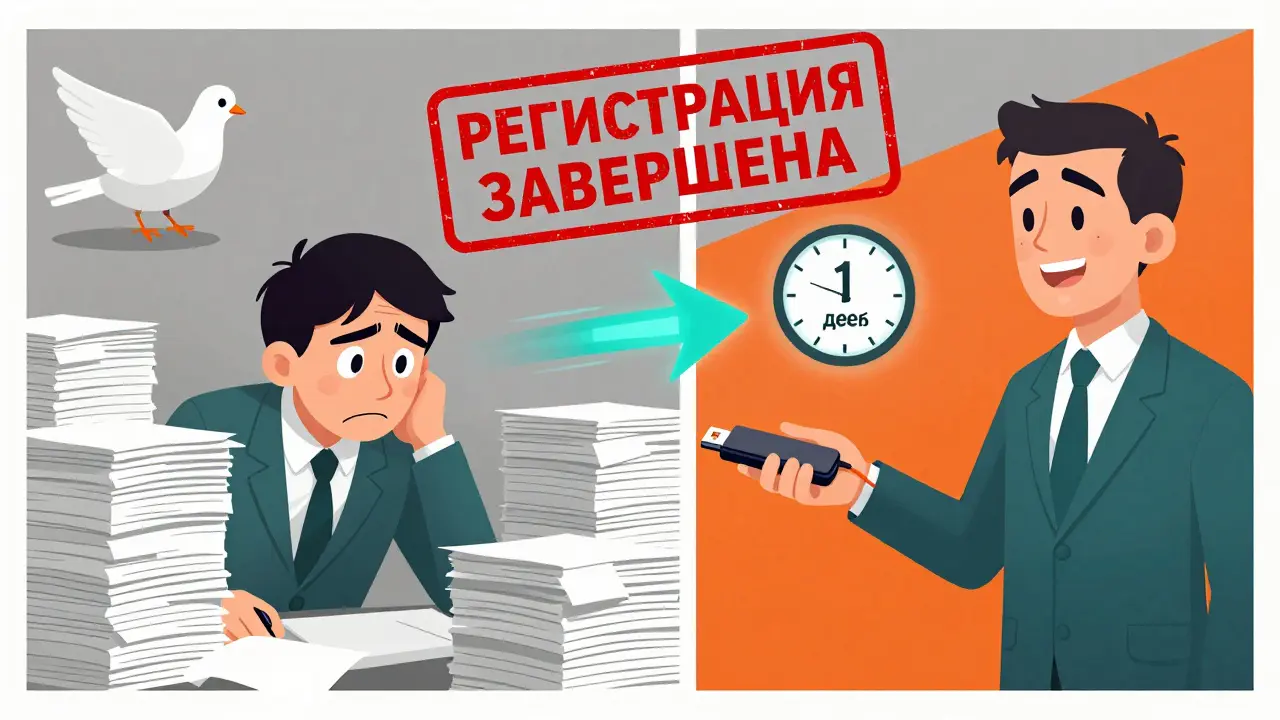 Контраст: хаотичная бумажная регистрация против быстрой электронной через нотариуса.
