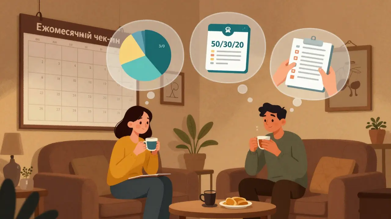 Пара за чаем смотрит на календарь с ежемесячной проверкой бюджета и плавающими диаграммами.