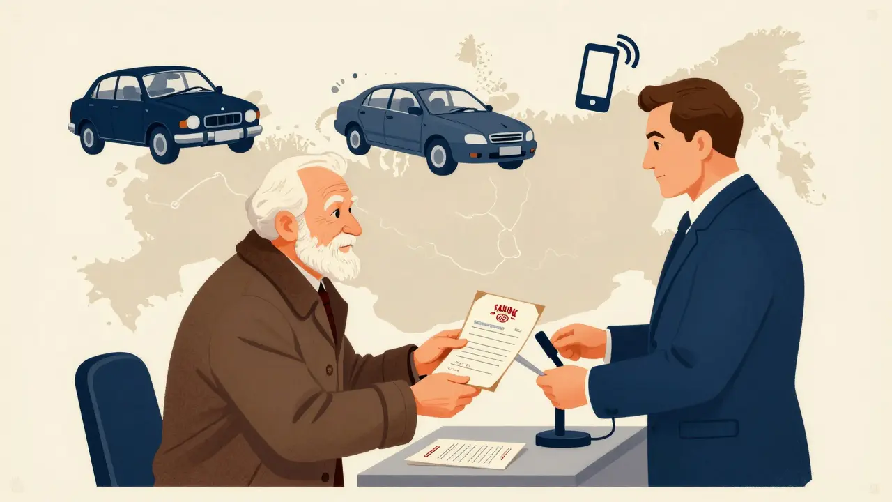 Пенсионер подает документы в банке, вокруг него — символы автомобиля, телефона и ограничения по возрасту.