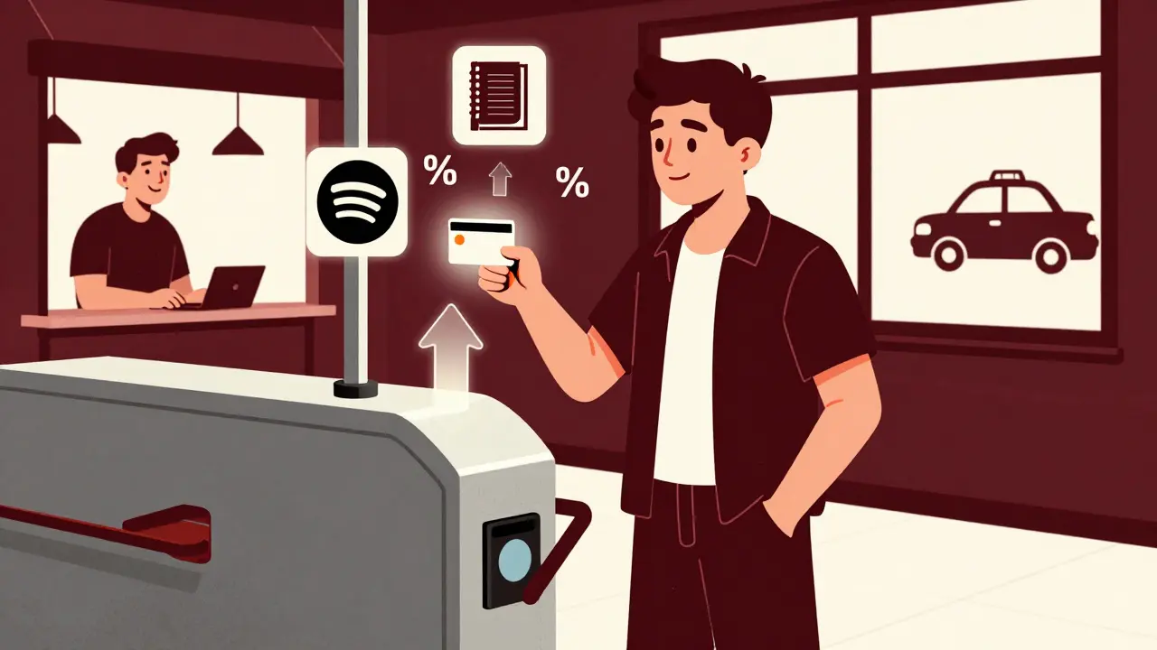 Подросток проходит через турникет, карта светится, вокруг — иконки кешбэка и покупок.