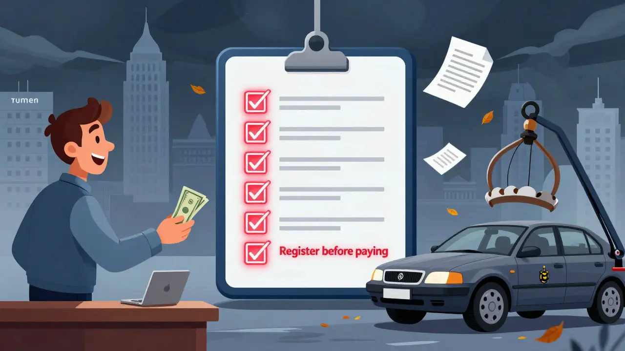 Покупатель платит продавцу, но машина уезжает на эвакуаторе — банк забирает её обратно.