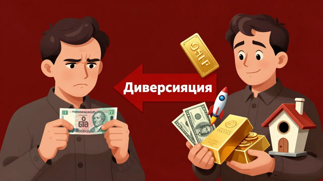 Разделённая иллюстрация: с одной стороны — страх перед рублём, с другой — спокойствие от диверсифицированного портфеля.