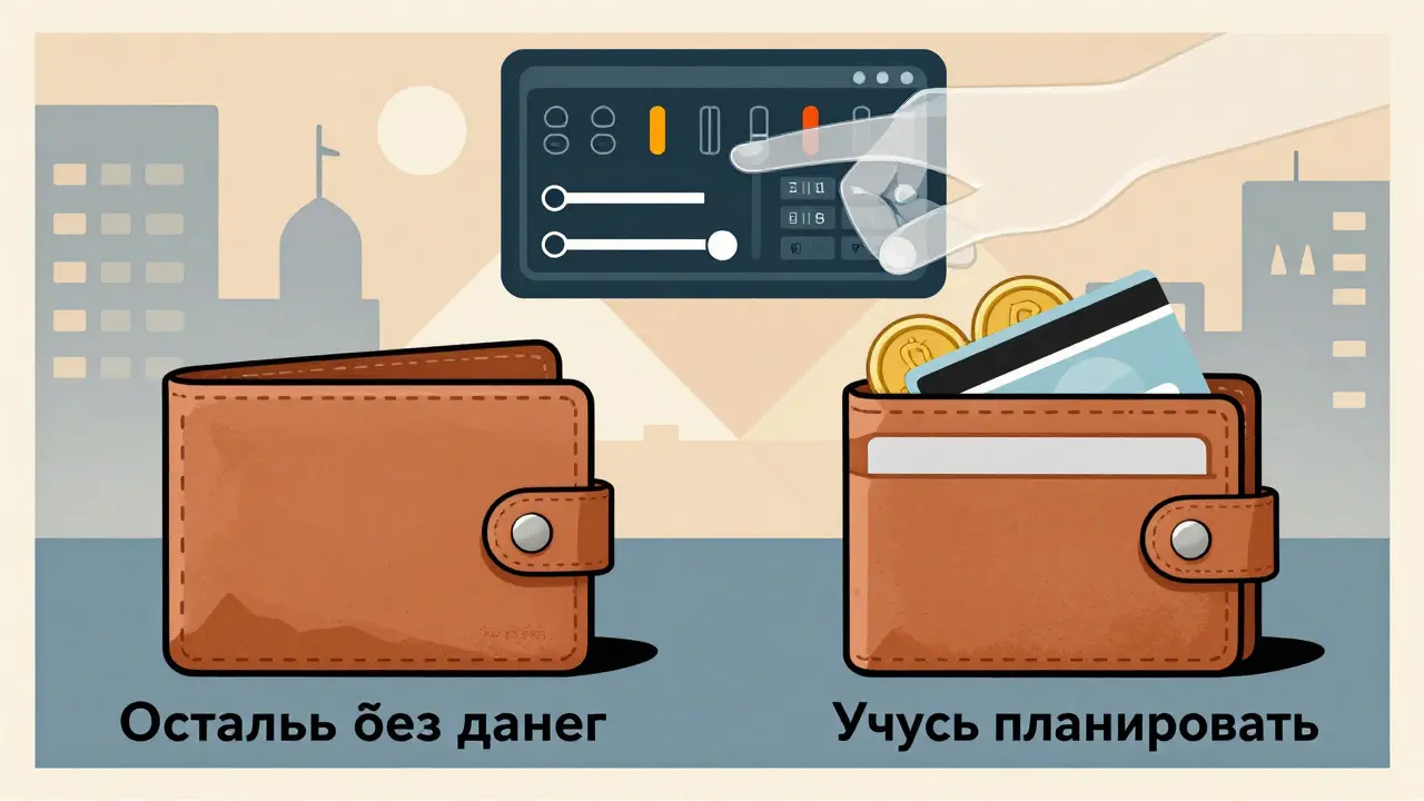 Разделённая сцена: пустой кошелёк и полный — символ обучения управлению деньгами.