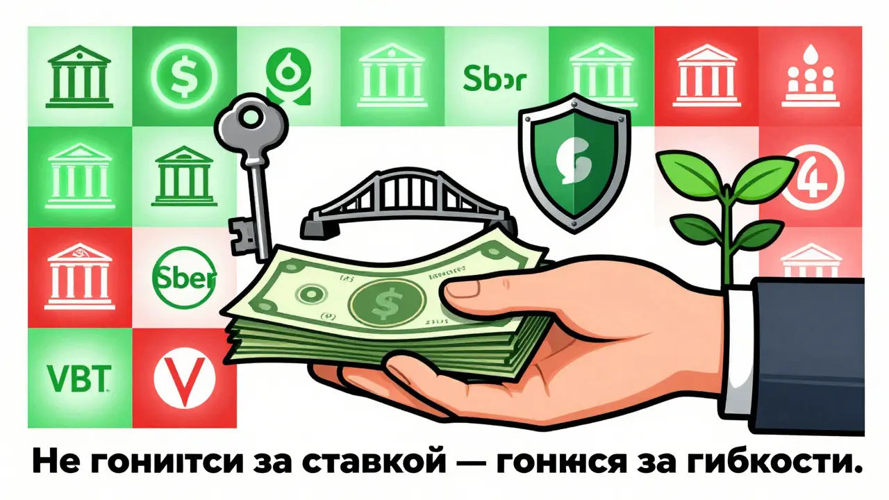 Рука держит деньги, превращающиеся в ключ, мост, щит и растущее растение, фон — мерцающие банки, стиль — плакатная графика с четкими линиями и цветами.