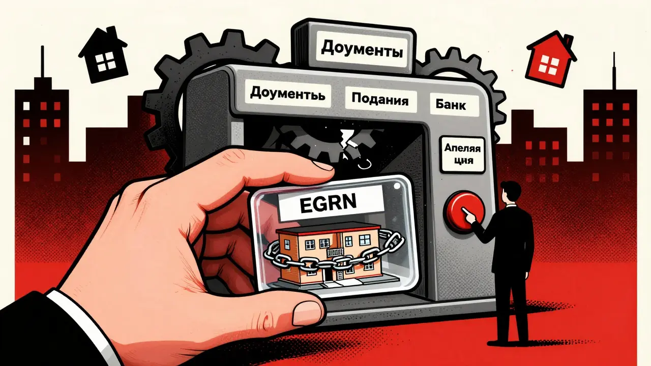 Рука держит выписку ЕГРН с домом внутри, а бюрократическая машина застряла — надпись 'Апелляция'.