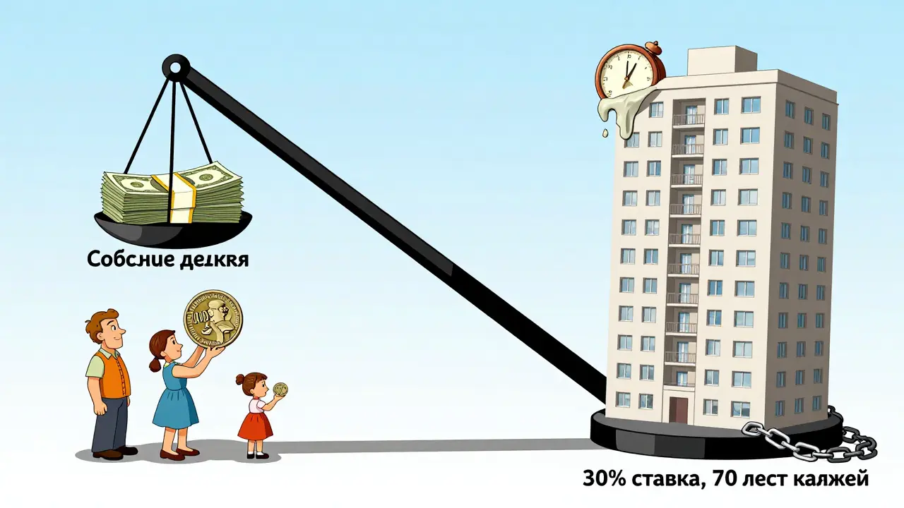 Семья держит маленькую монету рядом с огромной квартирой, весы показывают переплату по ипотеке, стиль польского плаката.