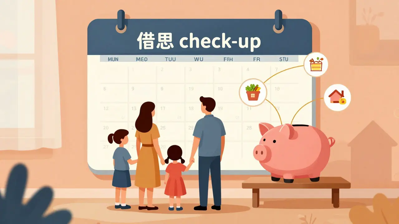 Семья отмечает еженедельный финансовый чек-ап, на стене календарь, рядом — копилка в форме дома.