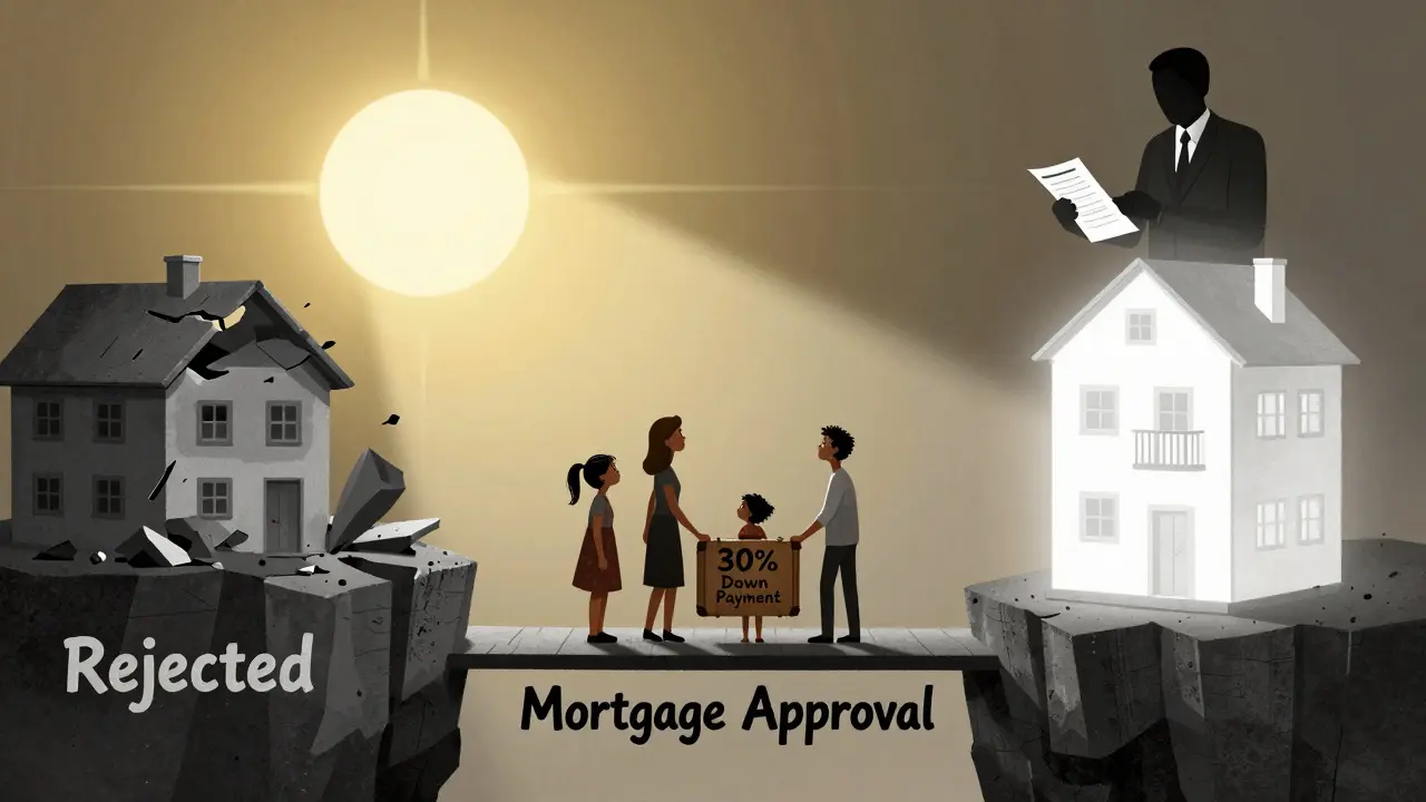 Семья пересекает мост к ипотеке, неся тяжелый чемодан с первоначальным взносом.