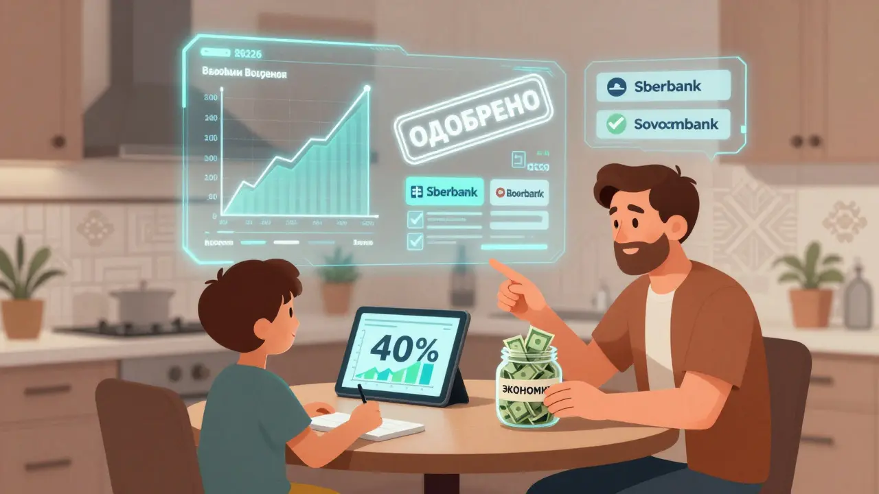 Семья смотрит на цифровую панель рефинансирования, показывающую 40% экономии в 2026 году.