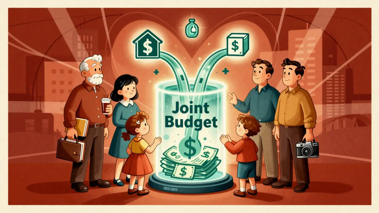 Семья вокруг прозрачного общего сейфа, из которого текут деньги на жильё, образование и медицину.