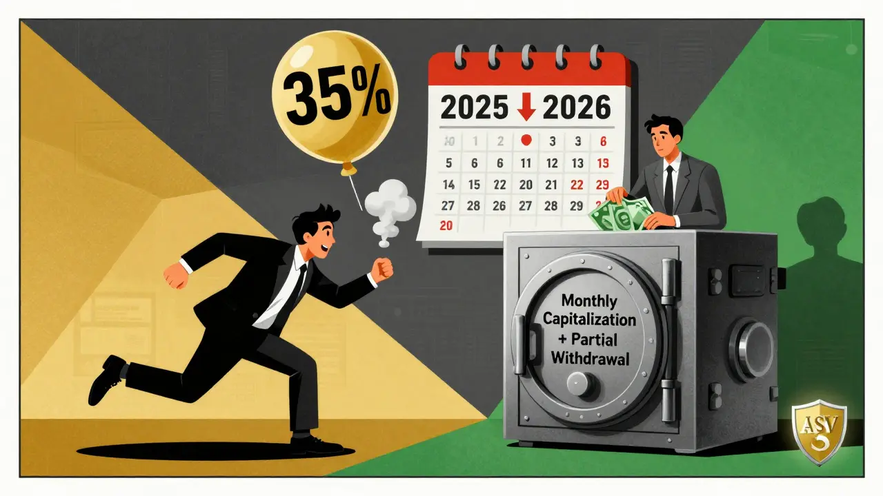 Слева — обманчивая высокая ставка, которая лопается, справа — спокойный выбор с капитализацией и частичным снятием, фон — падение процентных ставок в 2026 году.