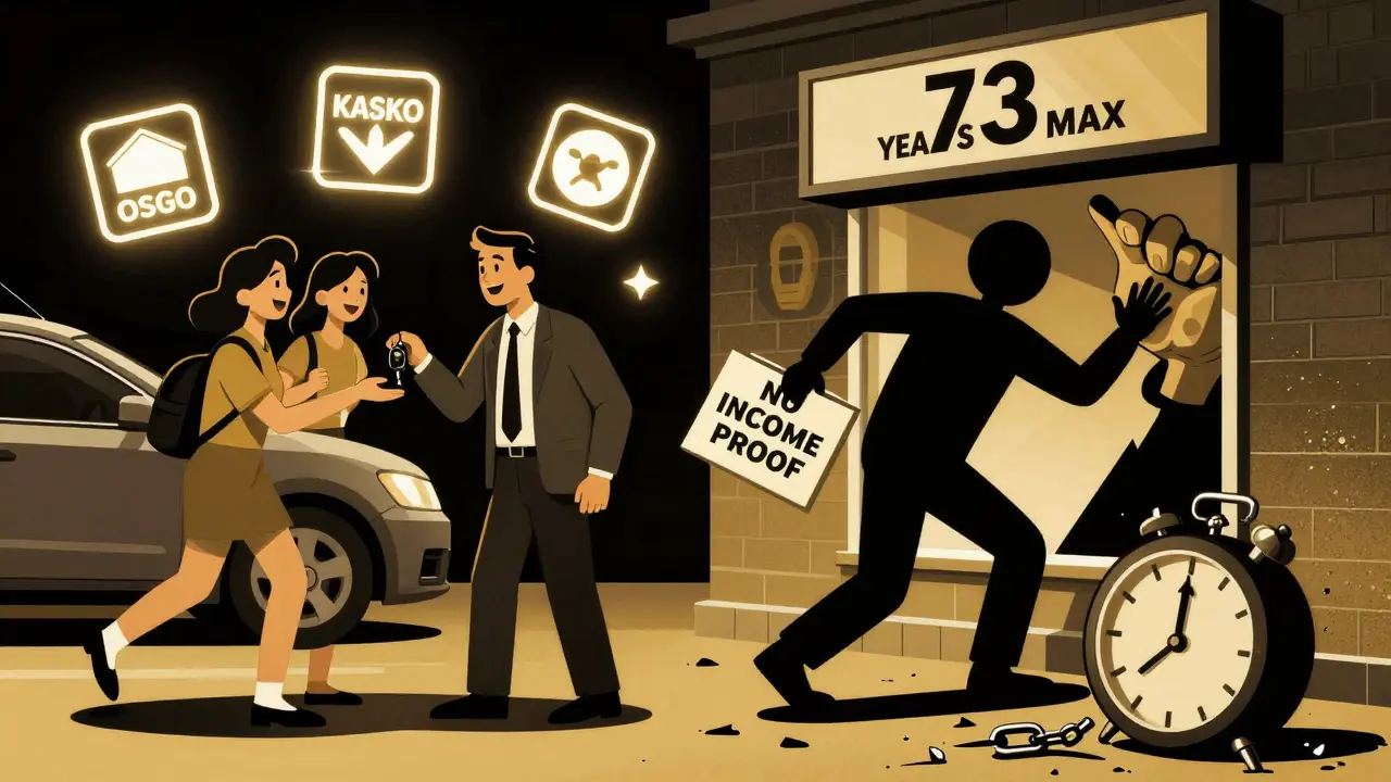 Слева — пара получает машину с страховками, справа — пожилой человек выталкивается из банка за возрастом.