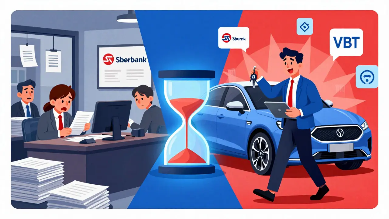 Сравнение традиционного банка и современного автосалона: слева — хаос бумаг, справа — быстрое одобрение с логотипами банков.