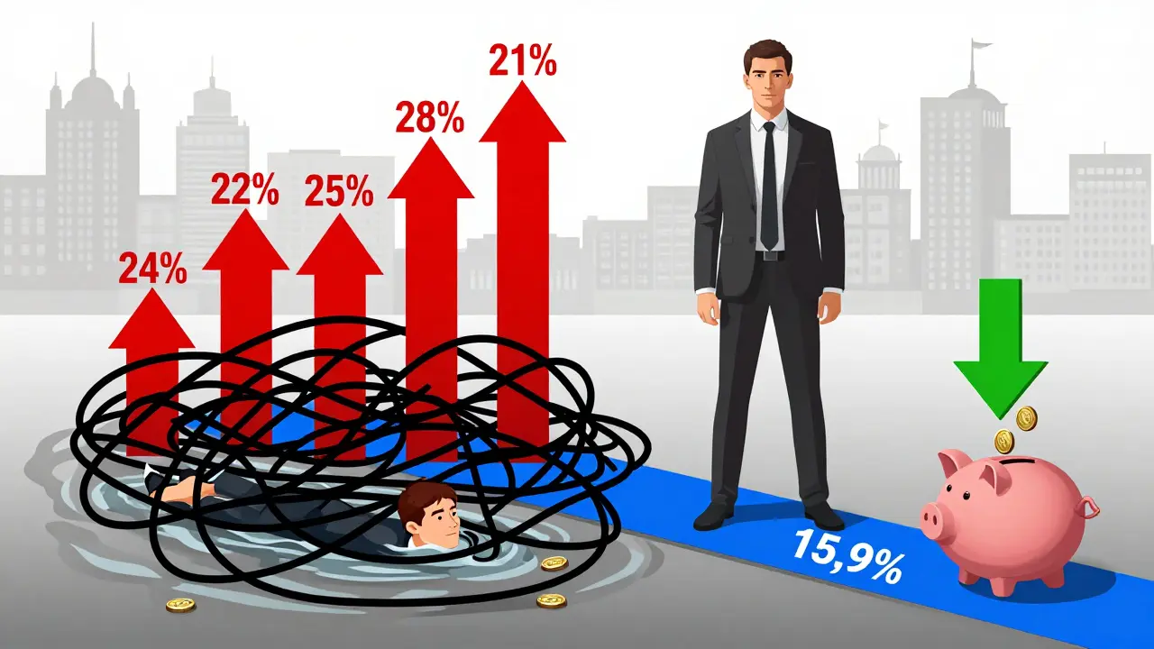 Сравнение: запутанные долги слева и один чистый кредит справа с экономией денег.