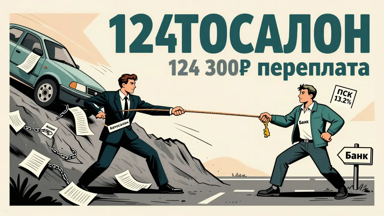 Тяга за автомобиль: дилер тянет к дорогим переплатам, клиент-заемщик ведёт к экономии и госпрограммам, в стиле польской плакатной школы.